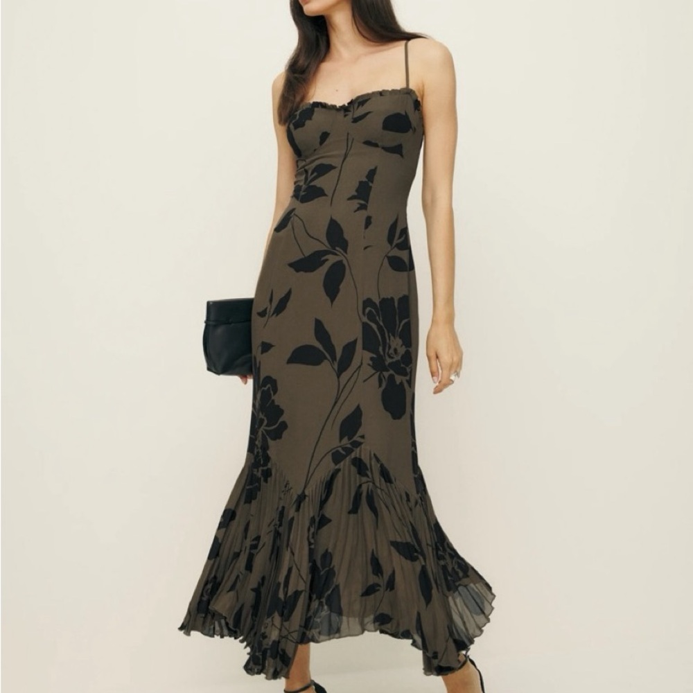 Reformation Aiko Olive Green Floral Dress